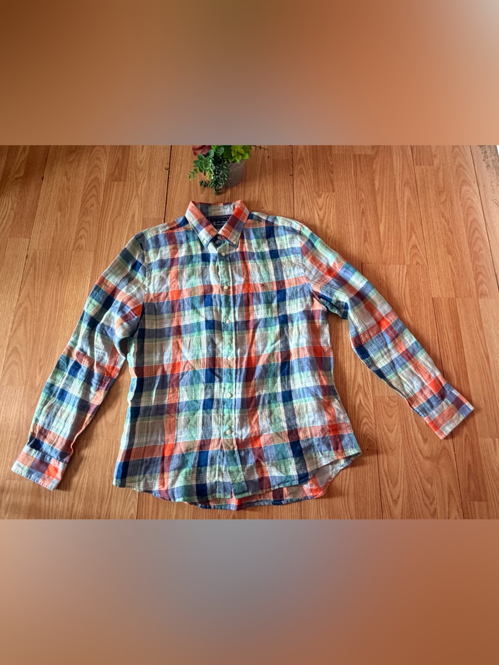 Tommy Hilfiger linen plaid shirt, long-sleeve regular fit, multicolor, size XL